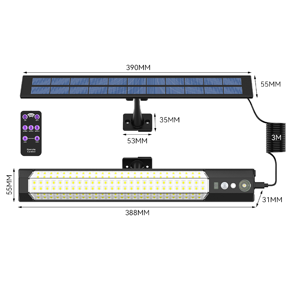288LED Solar Street Light, 15-20m Motion Sensor, IP65 Waterproof Outdoor Light with Remote