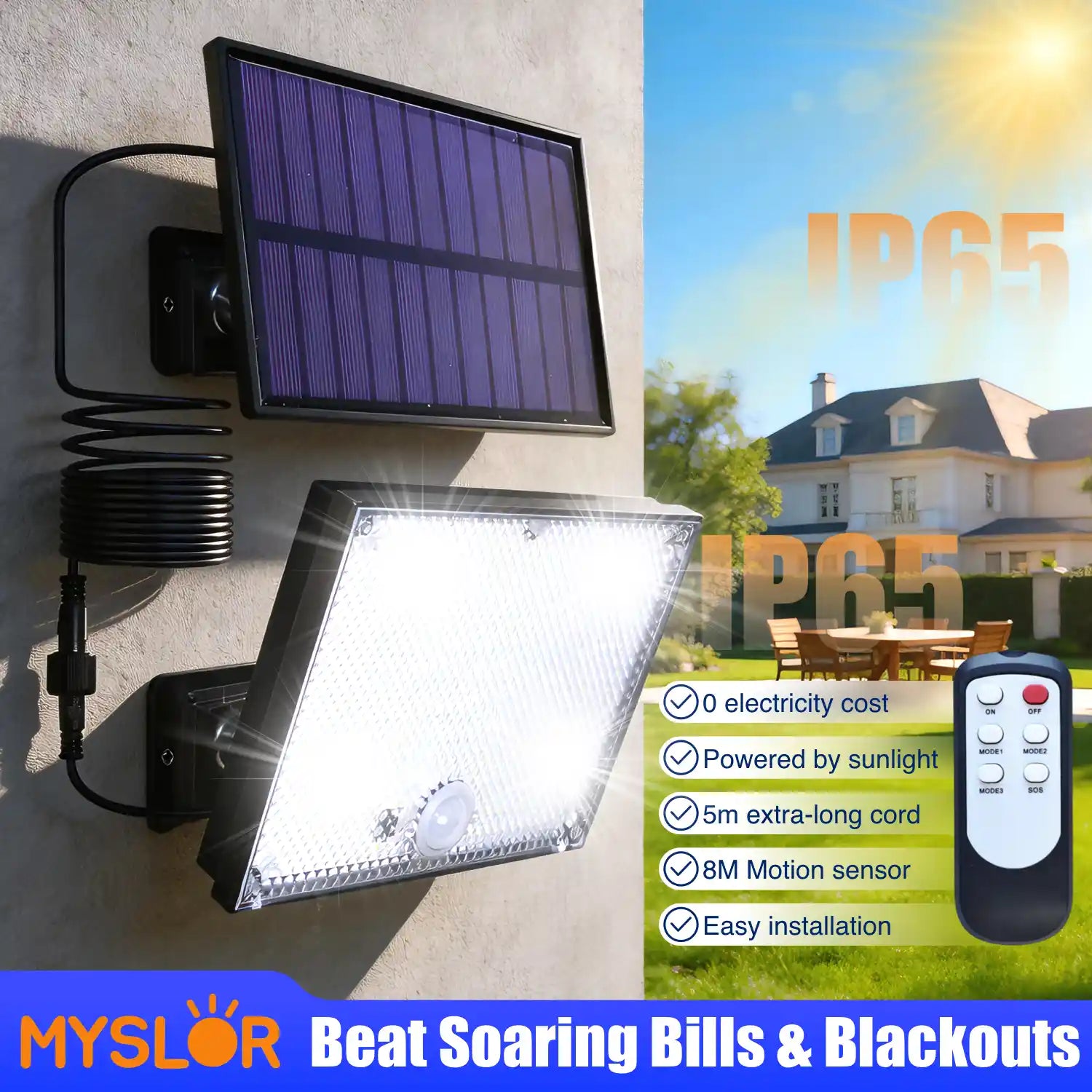 1pc-400LED Solar Wall Light with 5m Cable, Motion Sensor, 3 Modes, IP65 Waterproof Outdoor Light
