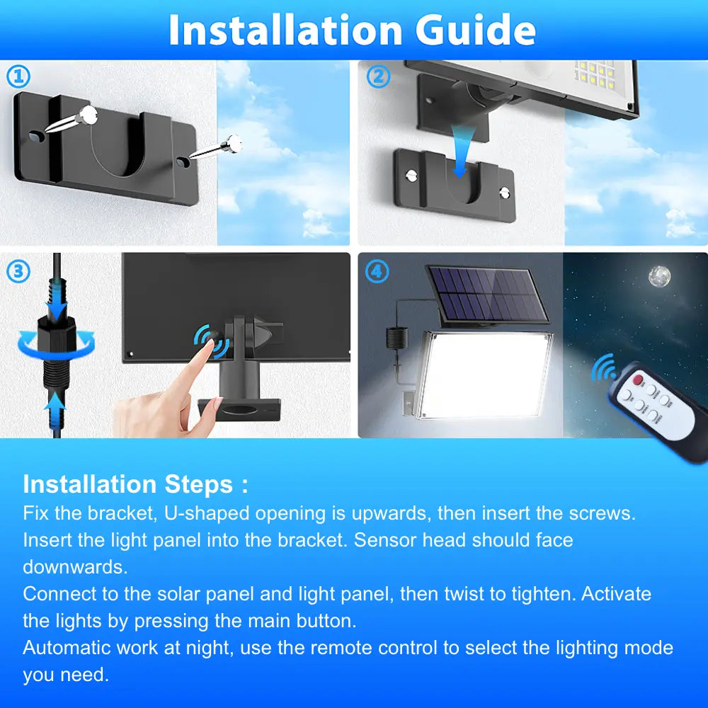 1pc-172LED Solar Wall Light with 5m Cable, Motion Sensor, 3 Modes, IP65 Waterproof Outdoor Light