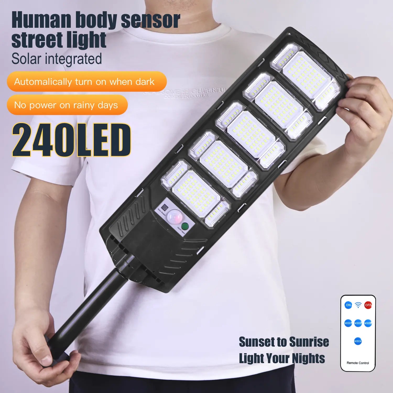 1 Pack 240LED Ultra Bright Solar Street Light, IP65 Waterproof, Motion Sensor (8m Range), 3 Modes, 280° Wide Angle, with Remote Control (Battery Not Included), Dusk to Dawn Outdoor Light for Street, Parking Lot, Warehouse