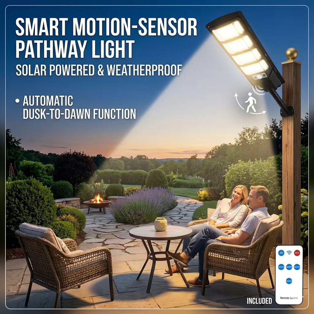 1 Pack 240LED Ultra Bright Solar Street Light, IP65 Waterproof, Motion Sensor (8m Range), 3 Modes, 280° Wide Angle, with Remote Control (Battery Not Included), Dusk to Dawn Outdoor Light for Street, Parking Lot, Warehouse