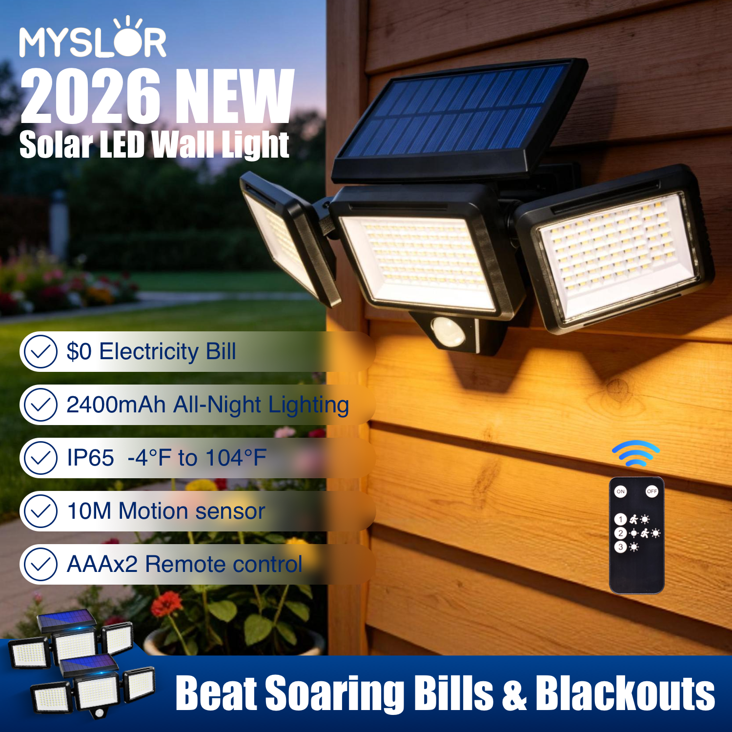 Solar Motion Sensor Light — 270° Wide Angle, 3 Modes, Remote Control