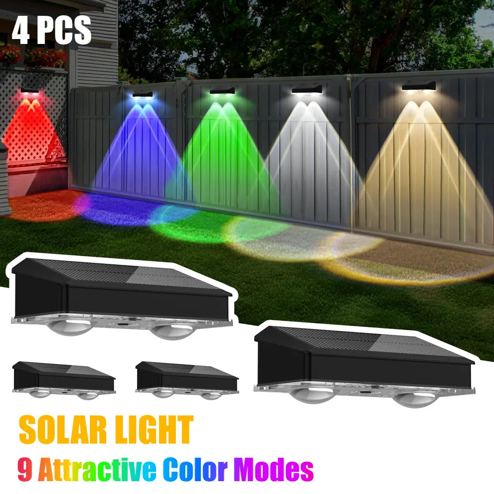 4 Pcs Dual-Head Solar Wall Lights with 9 Color Modes, IP65 Waterproof Outdoor Lights