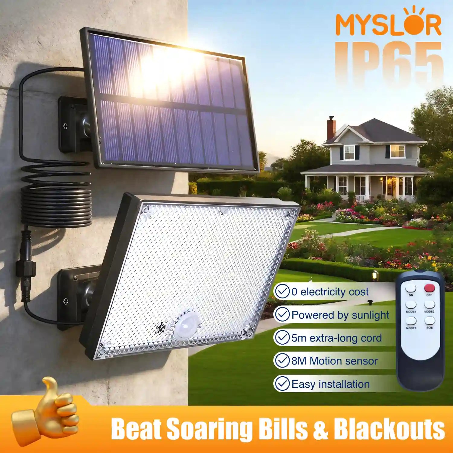 1pc-400LED Solar Wall Light with 5m Cable, Motion Sensor, 3 Modes, IP65 Waterproof Outdoor Light