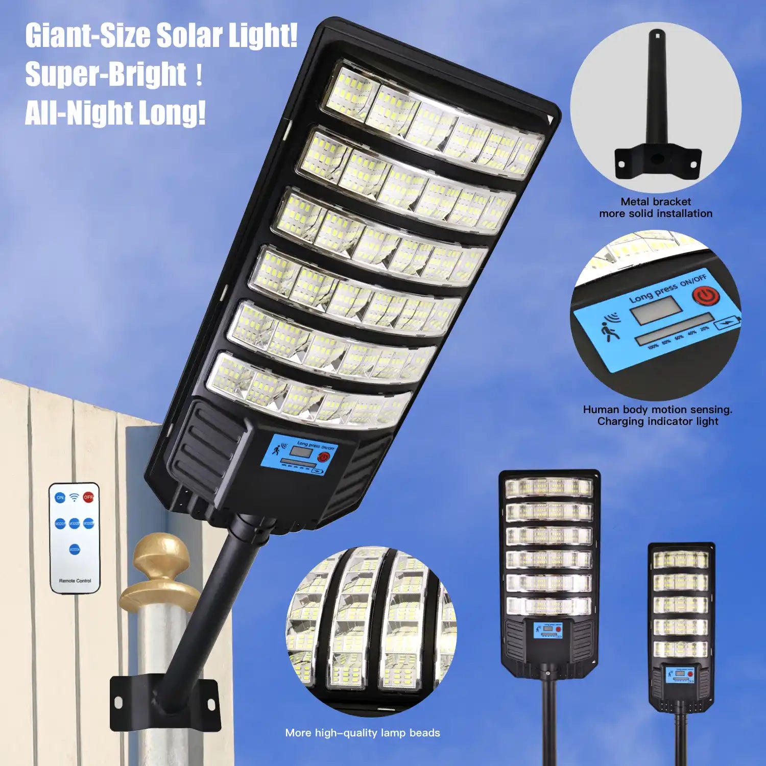 1 Pack 288 LED Solar Street Light, IP65 Waterproof, Motion Sensor, Dusk to Dawn, High Brightness Commercial & Yard Security Light for Outdoor Garden, Patio, Pathway