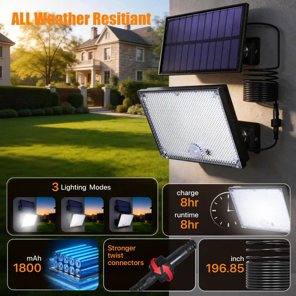 1pc-400LED Solar Wall Light with 5m Cable, Motion Sensor, 3 Modes, IP65 Waterproof Outdoor Light