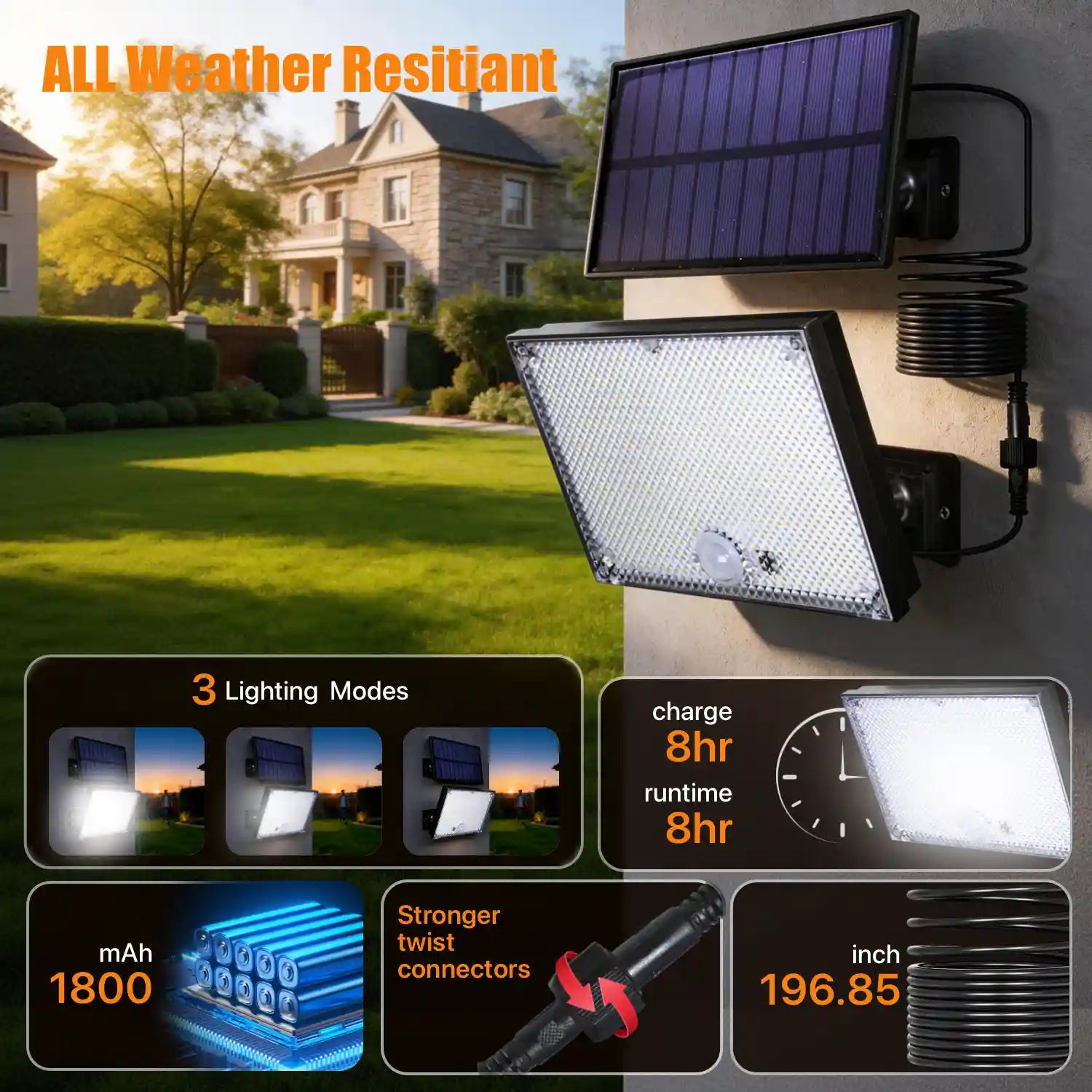 1pc-400LED Solar Wall Light with 5m Cable, Motion Sensor, 3 Modes, IP65 Waterproof Outdoor Light