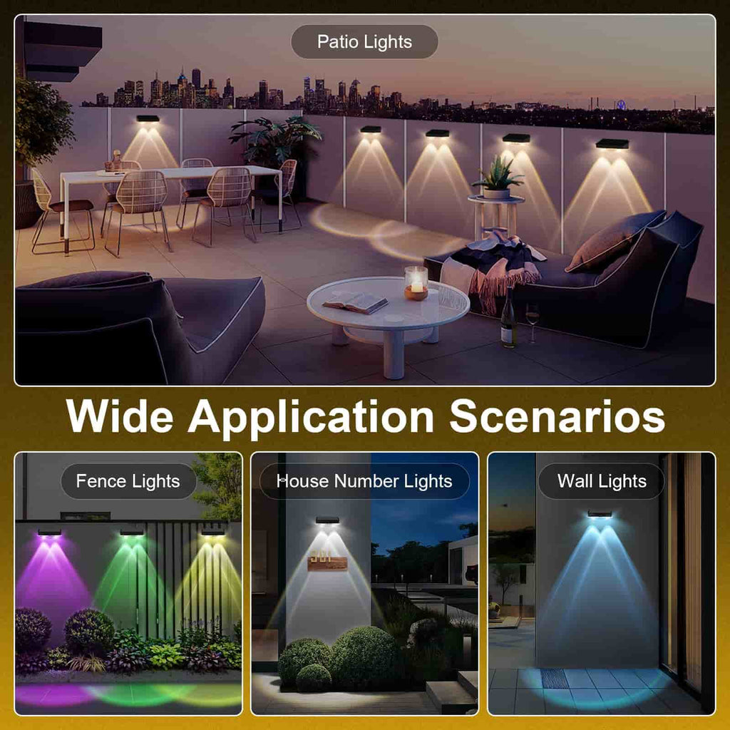 4 Pcs Dual-Head Solar Wall Lights with 9 Color Modes, IP65 Waterproof Outdoor Lights