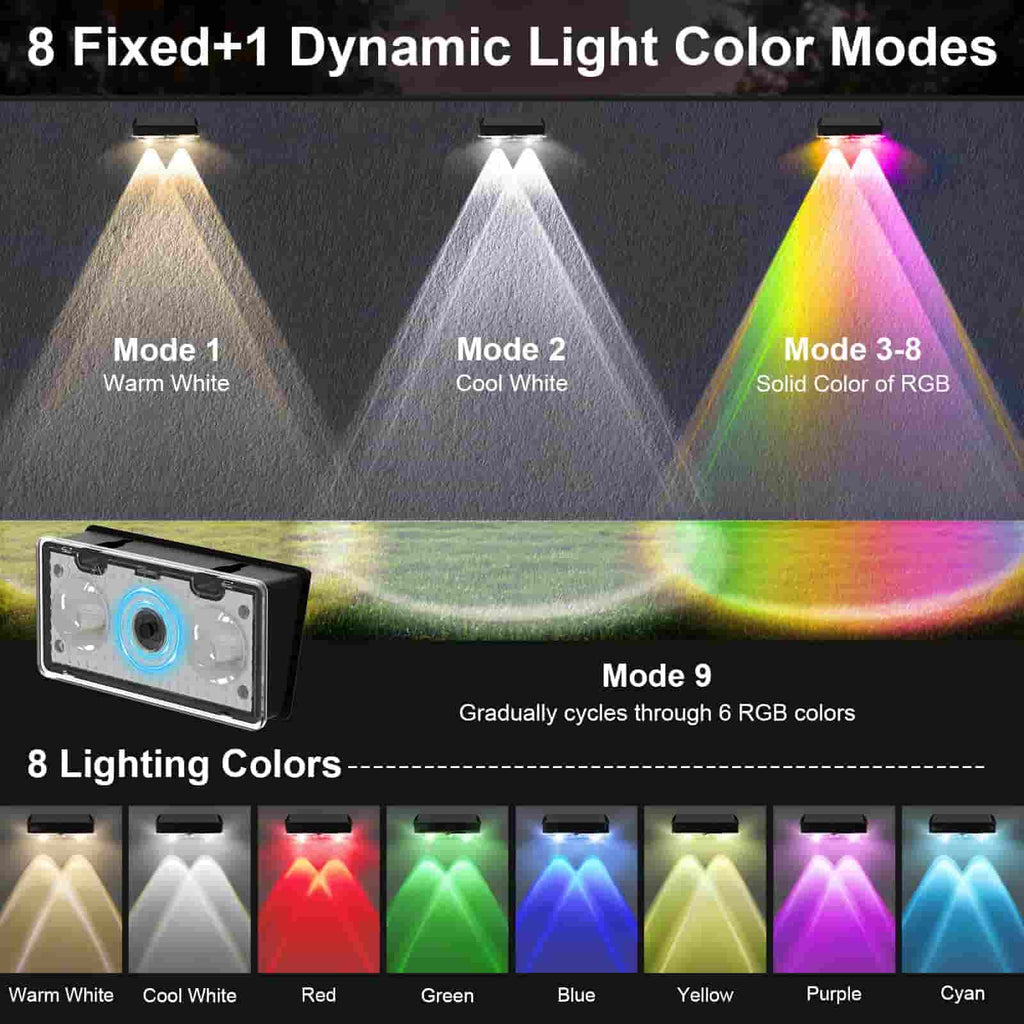 4 Pcs Dual-Head Solar Wall Lights with 9 Color Modes, IP65 Waterproof Outdoor Lights