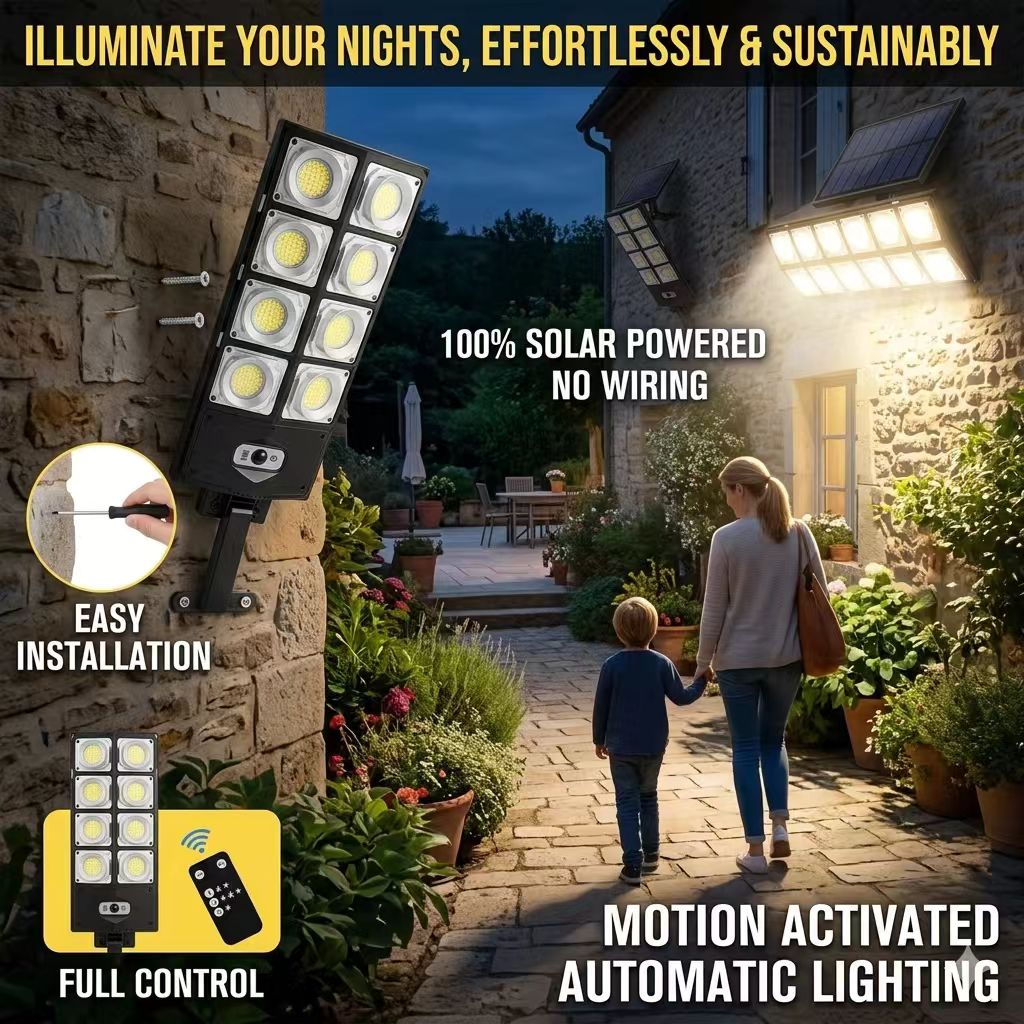 1 Pack 1024LED Ultra Bright Solar Street Light | 3 Modes, Remote Control (Battery Not Included), Motion & Light Sensor, IP65 Waterproof, Long Standby Outdoor Security Light for Yard, Garage, Holiday Decoration