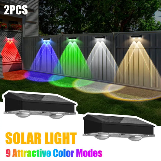 2 Pcs Dual-Head Solar Wall Lights with 9 Color Modes, IP65 Waterproof Outdoor Lights